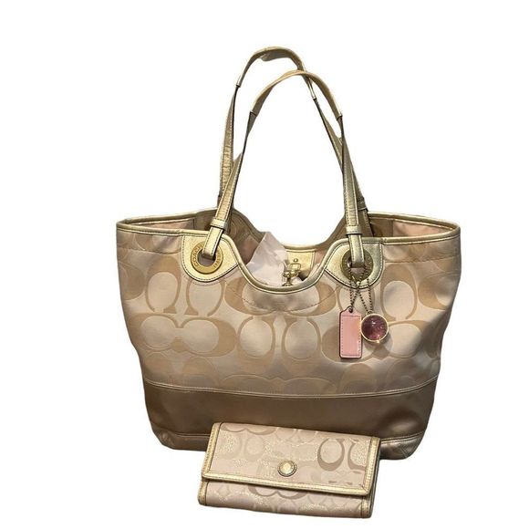 Large Matching Wallet Khaki and Tan Signature C Metallic Fabric Tote 12"L x 5"W - Picture 2 of 16